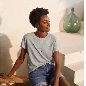 Boden Lena Lemon Embroidered Novelty Print Tee Boxy Summer in Heather Gray 8